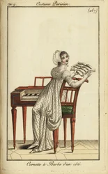 Modieuze vrouw die klavecimbel speelt