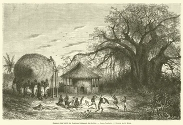 Vrouwen aan de oevers van de Zambezi bouwen hutten, kinderspelen