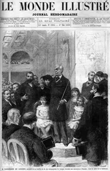 Ferdinand de Lesseps omringd door zijn familie en reisgenoten, vertelt over zijn reis naar Panama in de Salle de la Sorbonne. Omslag van de 