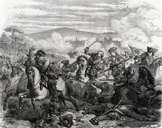 Ferdinand de Marsin dodelijk gewond bij de Slag bij Turijn 1706 (gravure)