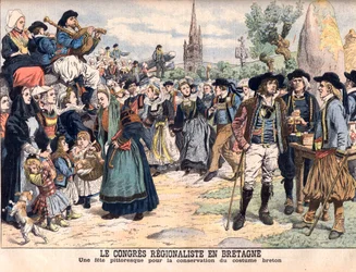 Festival voor het behoud van traditionele Bretonse klederdracht. Het Regionale Congres in Bretagne. Een schilderachtige viering om de Bretonse klederdracht te behouden. Illustratie voor Le Petit Journal