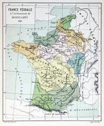 Feodaal Frankrijk ten tijde van de troonsbestijging van Hugo Capet in 987, kaart geïllustreerd in een Histoire de France, ca. 1880