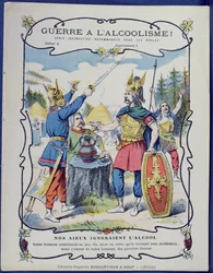 Strijd tegen alcoholisme!, een illustratie van Gallische krijgers van een beschermhoes voor schoolboeken