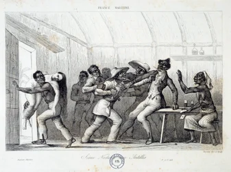 Gevecht in een taverne in de West-Indië, een jonge blanke vrouw wordt ontvoerd door rovers. Gravure uit de 19e eeuw. Chartres, Museum voor Schone Kunsten
