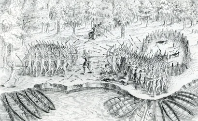 Gevecht van de Hurons, uit Voyage de Champlain in 1624 door Samuel de Champlain