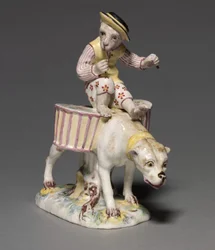 Figuur van een aap op een hond, fabrikant Mennecy-Villeroy Fabriek, Frankrijk, ca. 1760