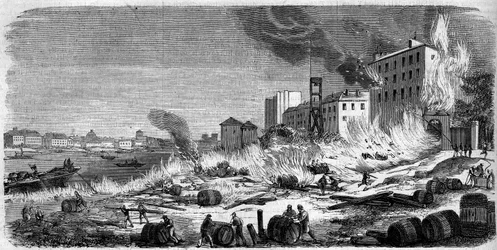 Brand van de wijnpakhuizen van Bercy op 5 augustus 1860. Gravure in "Le Monde Illustré" nr. 174 van 11 augustus 1860.