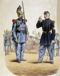 Brandweerlieden in 1860 - tekening door Perron, Arts Deco