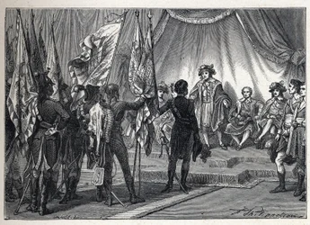 Eerste coalitie: Joachim Murat (1767-1815) presenteert aan het Uitvoerend Comité de vlaggen veroverd door het Franse leger, onder bevel van Napoleon Bonaparte, tijdens de Italiaanse veldtocht. Gravure uit 1889. Privécollectie.