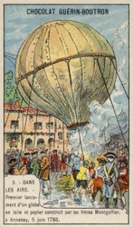 Eerste lancering van een heteluchtballon door de gebroeders Montgolfier, Annonay, Frankrijk, 5 juni 1783