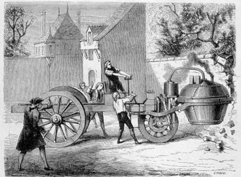 Eerste stoomauto (de fardier) geprobeerd door de uitvinder Cugnot, binnen het Arsenaal, Parijs