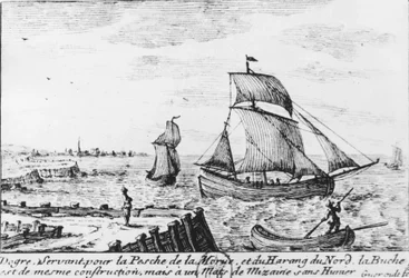 Vissersboot voor kabeljauw en noordelijke haring - gravure, n.d.