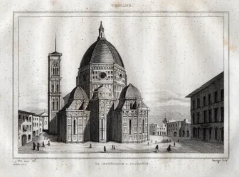 Kathedraal van Florence - Zicht op de Kathedraal van Florence (Duomo Santa Maria del Fiore). De koepel werd gemaakt door Filippo Brunelleschi rond 1420-1436, Florence, Italië - Gravure uit 