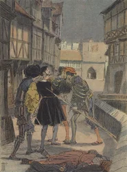 Florentijnse goudsmid en beeldhouwer Benvenuto Cellini omringd en bedreigd door een groep mannen (kleurenlitho)
