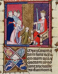 Fol.11v Een kind en haar moeder verschijnen voor een rechter, uit Justiniani in Fortiatum