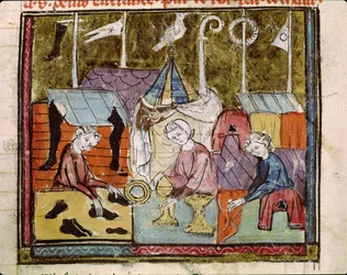 Kooplieden op de Lendit-beurs bij St. Denis, uit de Grandes Chroniques de France, 1375-79