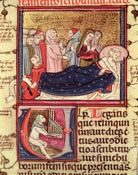 Fol.195v Een stervende man die zijn testament dicteert, uit Justiniani in Fortiatum
