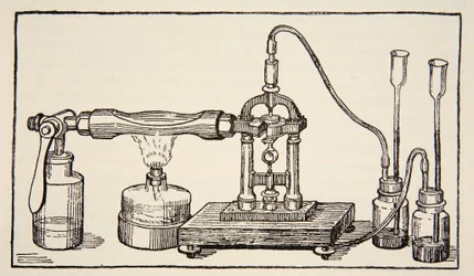 Foucaults draaiende spiegel voor de meting van de lichtsnelheid, kopie door Boris Mestchersky (d.1957) illustratie uit Histoire de la Nation Francaise, Sciences, Volumes I & II, door Gabriel Hanotaux (1853-1944), 1924