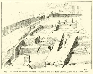 Opgravingen bij het Paleis van Justitie in 1848, in de binnenplaats van de Sainte-Chapelle, tekening van M. Albert Lenoir