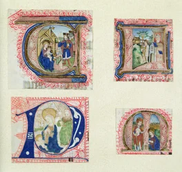Vier gehistorieerde initialen die de Aanbidding der Wijzen, de Kribbe, David en Bathseba en Christus in de Tuin uitbeelden