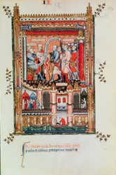Sisinnius geeft bevelen aan St. Denis en zijn metgezellen die voor hem worden gebracht, uit Vie de St. Denis, 1317