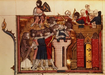 Fr 22495 f.69v De Kruisvaarder aanval op Jeruzalem in 1099, uit Le Roman de Godefroi de Bouillon