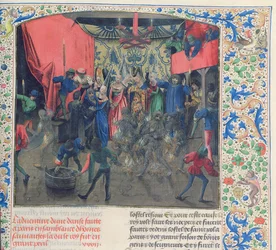 Bal des Ardents, Karel gered door de hertogin van Berry nadat Lodewijk van Orléans de kostuums van de dansers in brand stak, 1392, uit Froissarts Kroniek