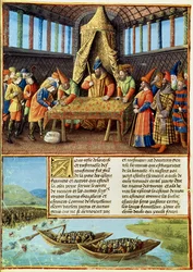 Bayezid I ontvangt het losgeld, uit Passages faits Outremer geschreven door Sebastien Mamerot