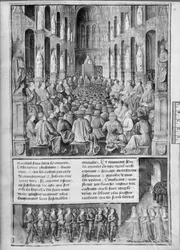 Hoe paus Urbanus II de herovering van de Heilige Grafkerk predikte op het Concilie van Clermont-Ferrand, illustratie uit Les Passages d