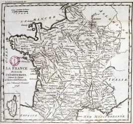 Frankrijk verdeeld in 84 departementen volgens de decreten van de Nationale Vergadering van 1793