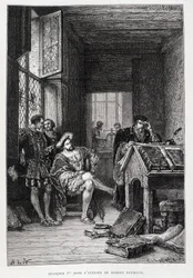 Francois I in de studio van Robert Estienne - gravure
