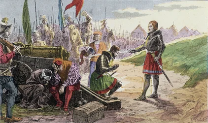 Francois I, ridder door Bayard, in Marignan - Illustratie 19e eeuw.
