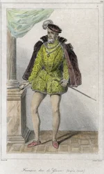 François I van Lorraine, 2e Hertog van Guise (1519 - 1563). Hij begon de eerste godsdienstoorlog met het bloedbad van Wassy (Vassy) (1562). Gravure 19e eeuw