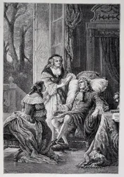 Francois de la Rochefoucauld (1613-1680) in gesprek met Mademoiselle de Sevigne (Marie de Rabutin-Chantal), Marquise de Sevigne genaamd Madame de Sevigne (1626-1696) en Marie-Madeleine Pioche de La Vergne, gravin de Lafayette (Madame de la Fayette)
