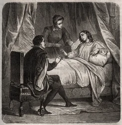 Francoise de Foix, Gravin van Chateaubriant (ca. 1495-1537), ziek, ontvangt Clement des Marets genaamd Marot (1496-1544), de knecht van Francois 1e, in bed. Gravure uit 1871 in 