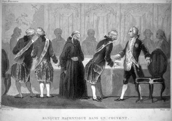 Vrijmetselarij: maçonniek banket in een klooster. Gravure uit 