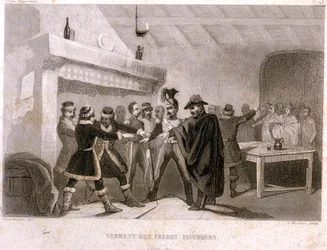 Vrijmetselarij: de eed van de broeders-maaiers in Potok in 1821. Gravure uit “Pittoreske geschiedenis van de vrijmetselarij en van antieke en moderne geheime genootschappen” van F.-T. B. Clavel. Pagnerre, uitgever. 1843.