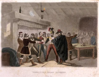 Vrijmetselarij: de eed van de broeders maaiers in Potok in 1821. Gravure uit “Histoire pittoresque de la Franc-Maçonnerie et des Sociétés secrètes, anciennes et modernes” van F.-T. B. Clavel. Pagnerre, uitgever. 1843.