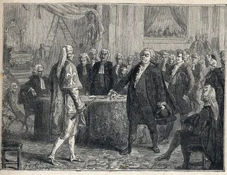 Franse Revolutie - Algemene Vergadering op 23/06/1789: Honore Gabriel Riqueti, Graaf van Mirabeau (1749-1791) spreekt Henri Evrard, Markies van Dreux Breze (1762-1829) aan. Gravure uit 1889. Privécollectie
