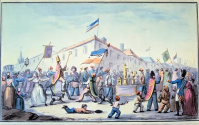Franse Revolutie: Gevormd gemaskerd bal van het volk gekleed in priesterlijke kleding