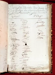 Franse Revolutie: blad uit een presentieregister van 26/12/1797 (6 Nivôse jaar VI), met de handtekeningen van personen die een Nationaal Instituut bezochten. Parijs, Academie van Wetenschappen