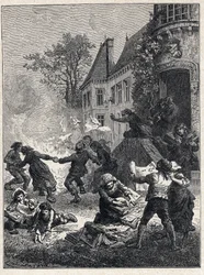 Franse Revolutie: de boeren verbrandden hun feodale titels en dansten rond het vuur om de afschaffing van privileges in augustus 1789 te vieren. Gravure uit 1889. Privécollectie