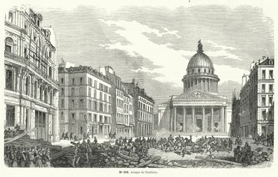 Franse leger troepen vallen opstandelingen aan die het Pantheon bezetten, Parijs, 24 juni 1848