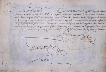 Franse calligrafie: Ontvangstbewijs ten gunste van Bernard de Beaugrand afgeleverd op 2 juli 1623. Historische bibliotheek van de stad Parijs
