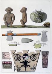 Franse koloniën: objecten van de Arawak, de eerste bewoners van Martinique in de West-Indië. Gravure uit de 19e eeuw