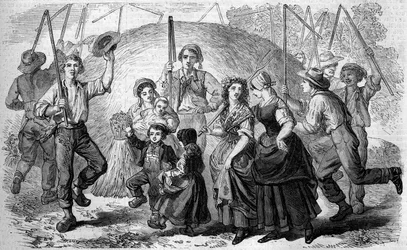 Franse gewoonte: liederen en dansen van boeren rond de laatste boekweitgarve van de oogst. Condé-sur-Noireau, Calvados (14)