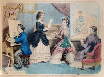 Franse modeplaat die artistieke activiteiten uitbeeldt, 1867