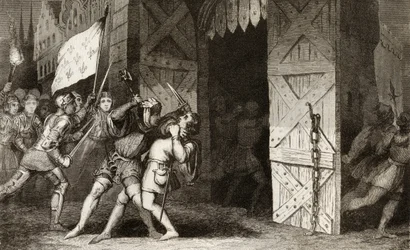 Franse ridders vallen een door Engelsen bezette stad aan tijdens de 100-jarige Oorlog, uit 