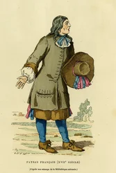 Frans boerenkostuum in de 18e eeuw. Kleuren gravure naar een prent van de nationale bibliotheek, in 