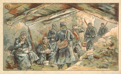 Franse soldaten eten in een schuilplaats, Eerste Wereldoorlog